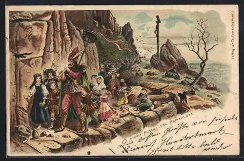 Lithographie Hameln, Der Rattenfänger von Hameln, Kinder Auszug 1284