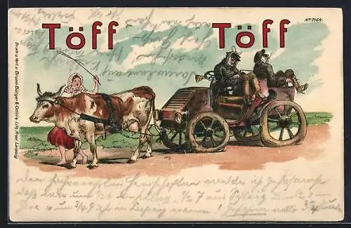 Künstler-AK Bruno Bürger & Ottillie Nr. 7164: Automobilisten mit Panne werden von einer Kuh abgeschleppt
