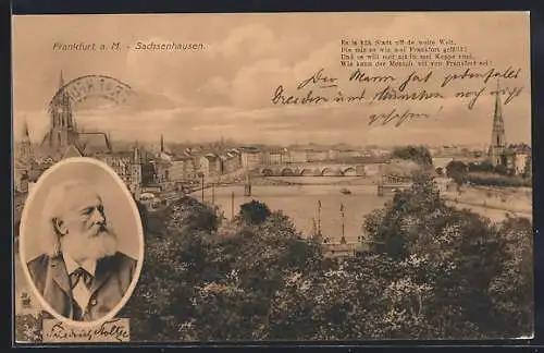 AK Frankfurt a. M.-Sachsenhausen, Verse und Portrait F. Stoltze, Panorama mit Brücke