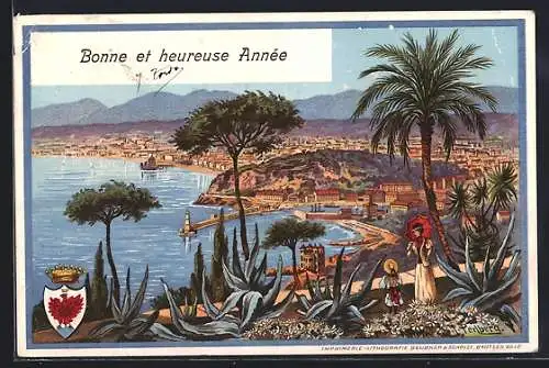 Künstler-AK Friedrich Perlberg: Blick auf den Hafen von Nice, Wappen
