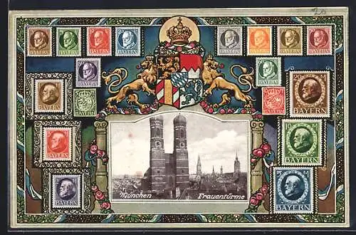 AK München, Frauenkirche im Stadtbild, Bayerische Briefmarken