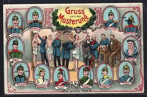 AK Bei der Musterung, Soldatenportraits: Garde, Infanterie, Kurassier, Dragoner etc.