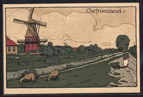 Steindruck-AK Ostfriesland, Panorama mit Kanal und Windmühle