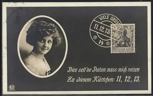 AK Briefmarke mit Stempel 11.12.13, Porträt junge Frau
