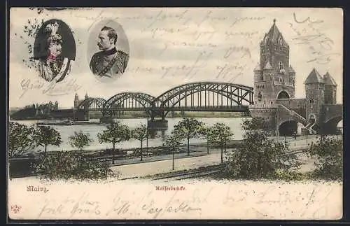 AK Mainz, Neue Eisenbahnbrücke mit Kaiser Wilhelm II & Grossherzog Ernst Ludwig von Hessen