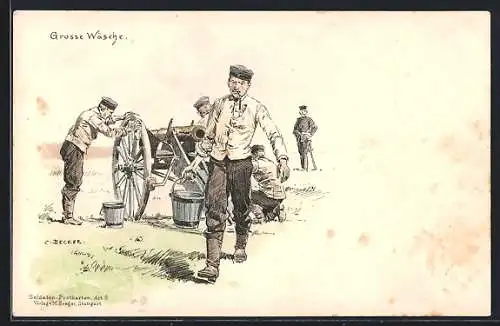 Künstler-AK Carl Becker: Soldaten waschen ein Geschütz