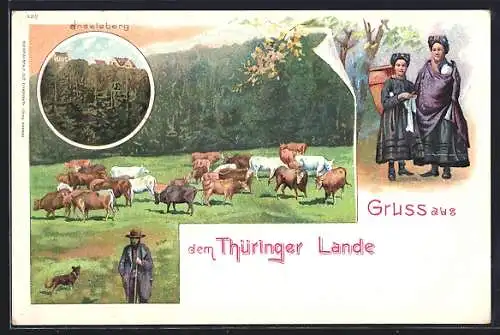 Lithographie Gruss aus dem Thüringer Lande, Inselsberg, Frauen in Trachtenkleidung, Rinderbauer auf der Weide