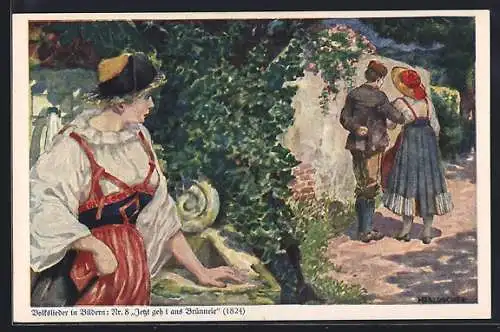 Künstler-AK Hans Baluschek: Junge Frau beobachtet ein Paar