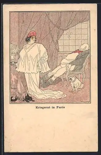 Künstler-AK Kriegsrat in Paris, englischer Premier sitzt gelangweilt im Sessel, Bulldoge und Katze