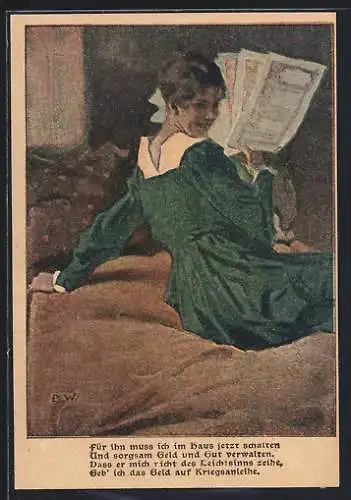 Künstler-AK Brynolf Wennerberg: Frau hält stolz Kriegsanleihen in der Hand