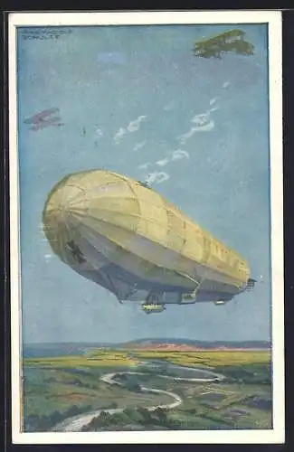 Künstler-AK Hans Rudolf Schulze: Militärluftkreuzer Hansa im Kampf mit feindl. Fliegern, Zeppelin