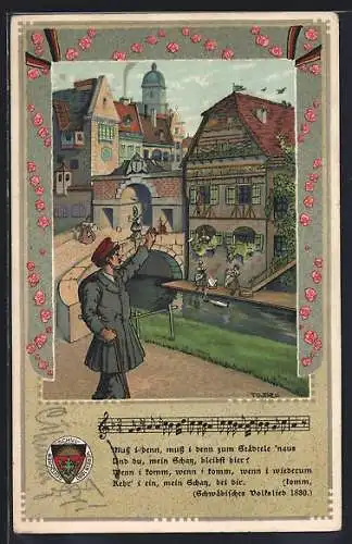 Künstler-AK T. Welzl, Deutscher Schulverein Nr. 4: Wanderer winkt zum Abschied