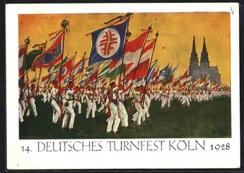 AK Köln, 14. deutsches Turnerfest 1928, Turner mit Flaggen der Teilnehmerländer