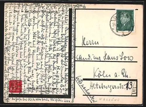 AK Hannover, Leibniz-Keks-Fabrik, Saal, Podbielskistrasse