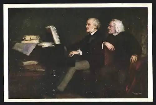 Künstler-AK Komponisten Liszt und Wagner am Klavier sitzend