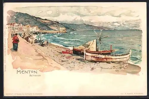 Künstler-AK Manuel Wielandt: Menton, Scirocco, Uferpromenade