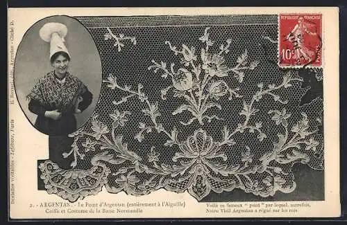 AK Argentan, Coiffe et Costume de la Basse Normandie, Dame in Volkstracht, geklöppelte Spitze