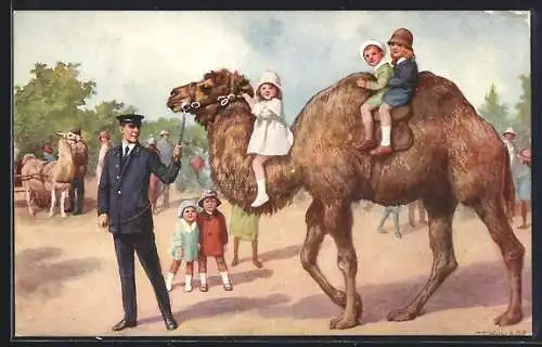 Künstler-AK London, Zoological Gardens, Kinder reiten auf Dromedar