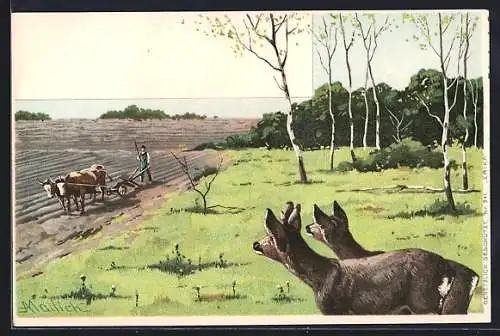 Künstler-AK Alfred Mailick: Zwei Rehe schauen zu einem Bauern mit Ochsenpflug