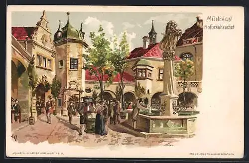 Künstler-AK A.M.: Münchner Hofbräuhaus, Hof mit Brunnen