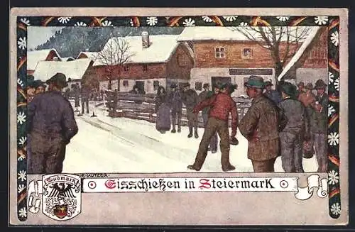 Künstler-AK Ernst Kutzer: Männer beim Eisschiessen in der Steiermark