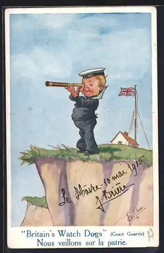 Künstler-AK T. Gilson: Britain`s Watch Dogs, kleiner englischer Matrose mit Fernrohr an der Klippe