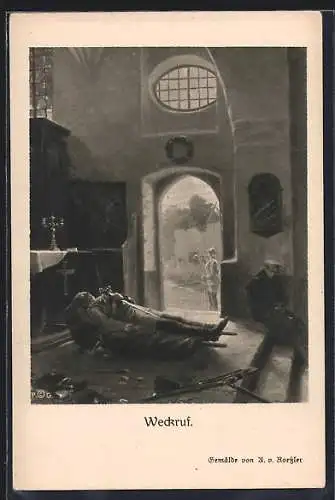 Künstler-AK Weckruf, Aufbahrung eines gefallenes Offiziers und Trompeter