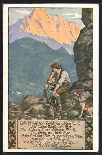 Künstler-AK Ernst Kutzer Nr.9: Ich schiess den Hirsch (Volkslied), Jäger mit erlegtem Hirsch