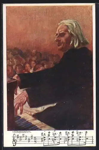 Künstler-AK Komponist Franz Liszt spielt Klavier, Rhapsodie, Noten