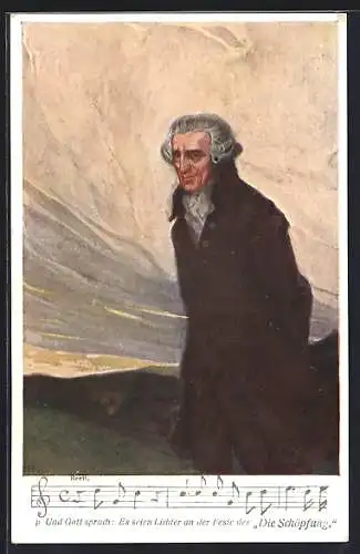 Künstler-AK Komponist Joseph Haydn im Portrait, Die Schöpfung in Text- und Notenzeile