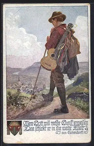 AK Deutscher Schulverein NR 878: Wanderer mit Gitarre auf dem Weg zur Stadt