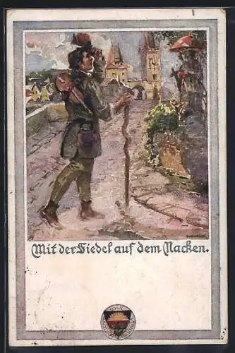 AK Deutscher Schulverein Nr. 441: Mit der Fiedel auf dem Nacken, Wanderer am Ortsrand