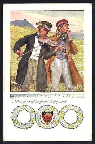 Künstler-AK Karl Friedrich Gsur, Deutscher Schulverein Nr. 107: Studenten beim Musizieren auf einer Wiese und Liedzeile