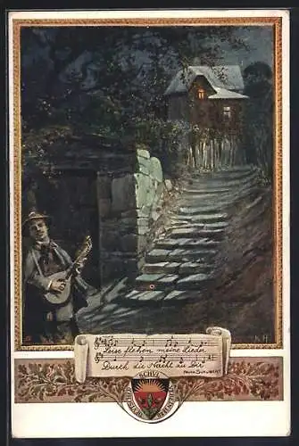 AK Deutscher Schulverein: Lied Leise flehen meine Lieder, Mann mit Gitarre