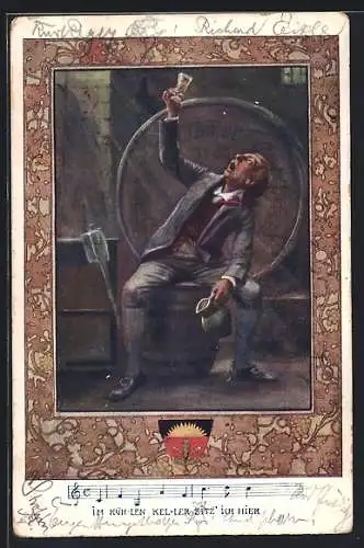 Künstler-AK Karl Friedrich Gsur, Deutscher Schulverein NR 85: Lied Im kühlen Keller sitz ich hier, Mann mit einem Glas