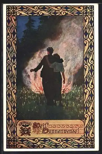 Künstler-AK Sonnenwende, Paar am Lagerfeuer