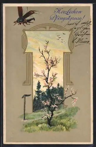 AK Fliegender Maikäfer und blühender Baum, Pfingstgruss