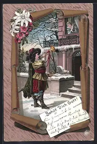 Lithographie Trompeter bringt Angebeteter ein Ständchen, Behüt Dich Gott, Blumen-Füllhorn