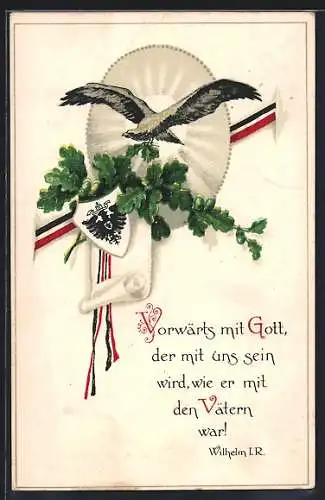 Künstler-AK Adler mit Eichenlaub, Reichsfarben mit Wappen, Propaganda