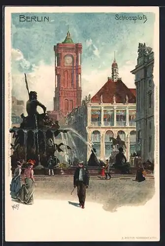 Künstler-AK Heinrich Kley: Berlin, Schlossplatz mit Blick zum Rathausturm