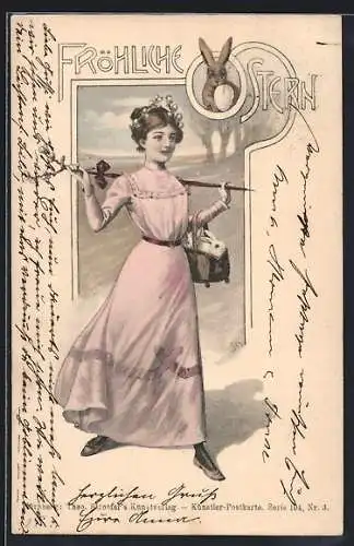 Künstler-AK Theo Stroefer Serie 104 Nr. 3: Junge Dame mit weissen Kaninchen in der Tasche, Osterhase mit Ei, Ostergruss