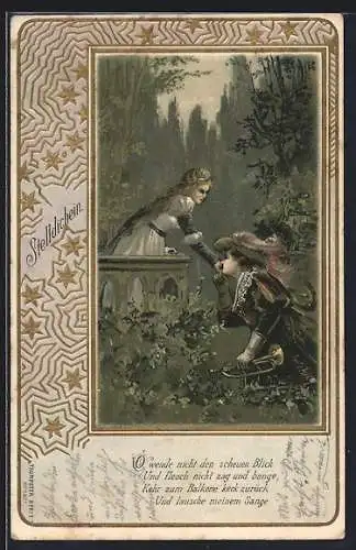 AK Behüt Dich Gott!, Stelldichein, Trompeter küsst Frau die Hand, Jugendstil