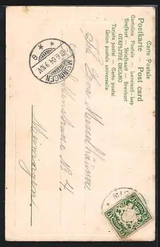 AK Behüt Dich Gott!, Stelldichein, Trompeter küsst Frau die Hand, Jugendstil