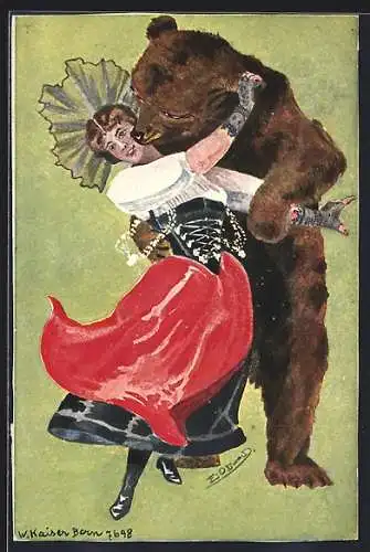 AK vermenschlichter Bär tanzt mit einer Frau
