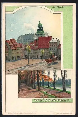 Künstler-AK Albert Stagura: Weissenfels, Am Markt, Ortspartie mit Bäumen