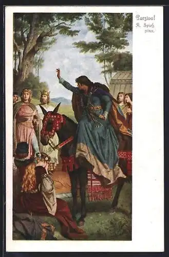 Künstler-AK A. Spiess: Parsival, Frau auf dem Pferd und weinendes Mädchen