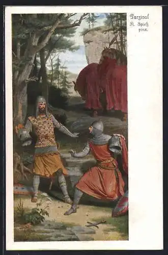 Künstler-AK A. Spiess / F. Piloty: Parsival, Ritter nehmen ihre Helme ab