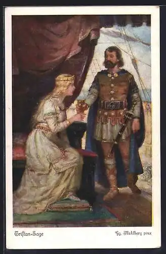 Künstler-AK Georg Mühlberg: Märchen Tristan und Isolde, Tristan reicht Isolde den Minnetrank
