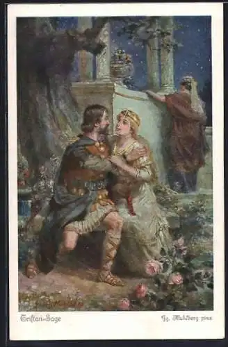 Künstler-AK Georg Mühlberg: Tristan-Sage, Tristan und Isolde nachts unter der Fichte