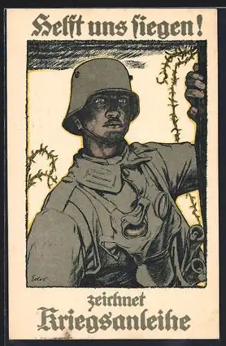 AK Soldat mit Gasmaske und Stahlhelm, Helft uns siegen, Zeichnet Kriegsanleihe